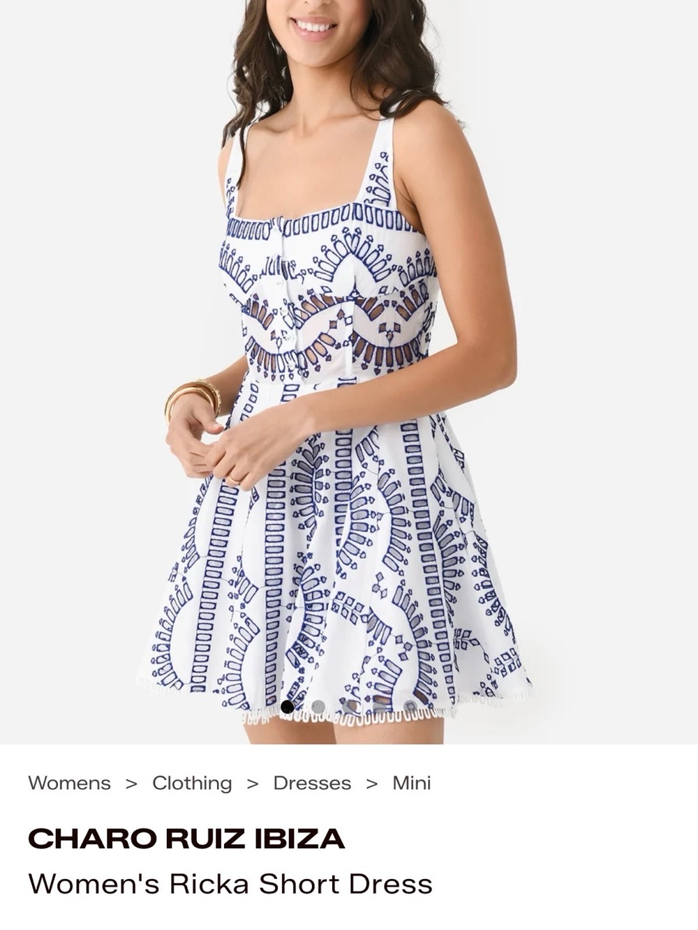 Charo Ruiz White Mini Dress with Blue Embroidered Pattern